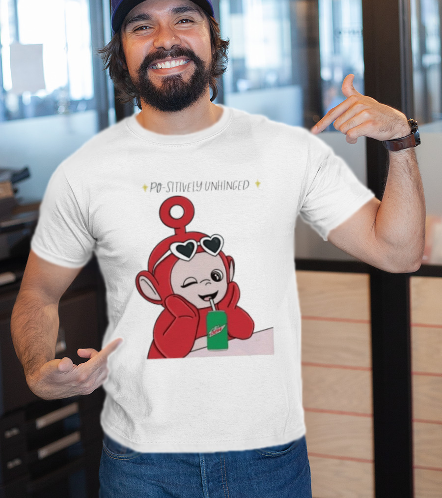 Po Sitively Unhinged Funny Red Teletubby Heart Sunglasses Drinking Mtn Dew T-Shirt