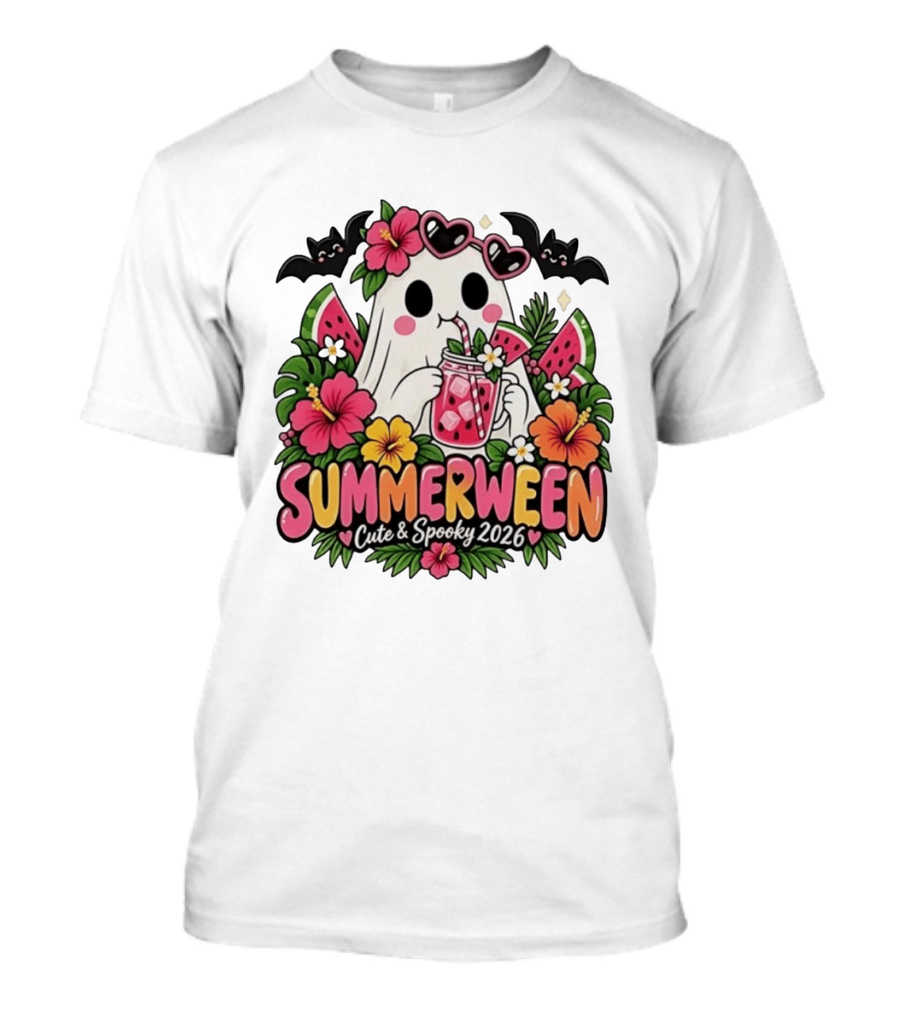 Summerween Cute And Spooky 2026 Ghost With Tropical Flowers And Bats T-Shirt