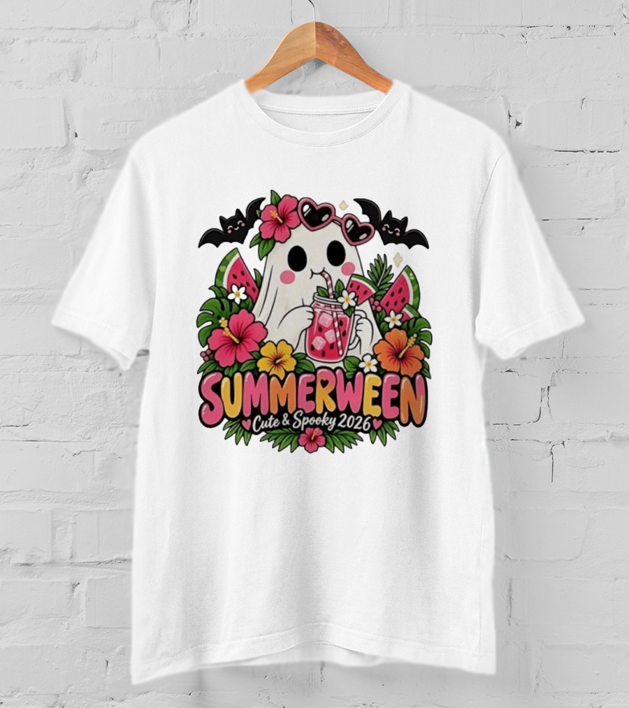 Summerween Cute And Spooky 2026 Ghost With Tropical Flowers And Bats T-Shirt