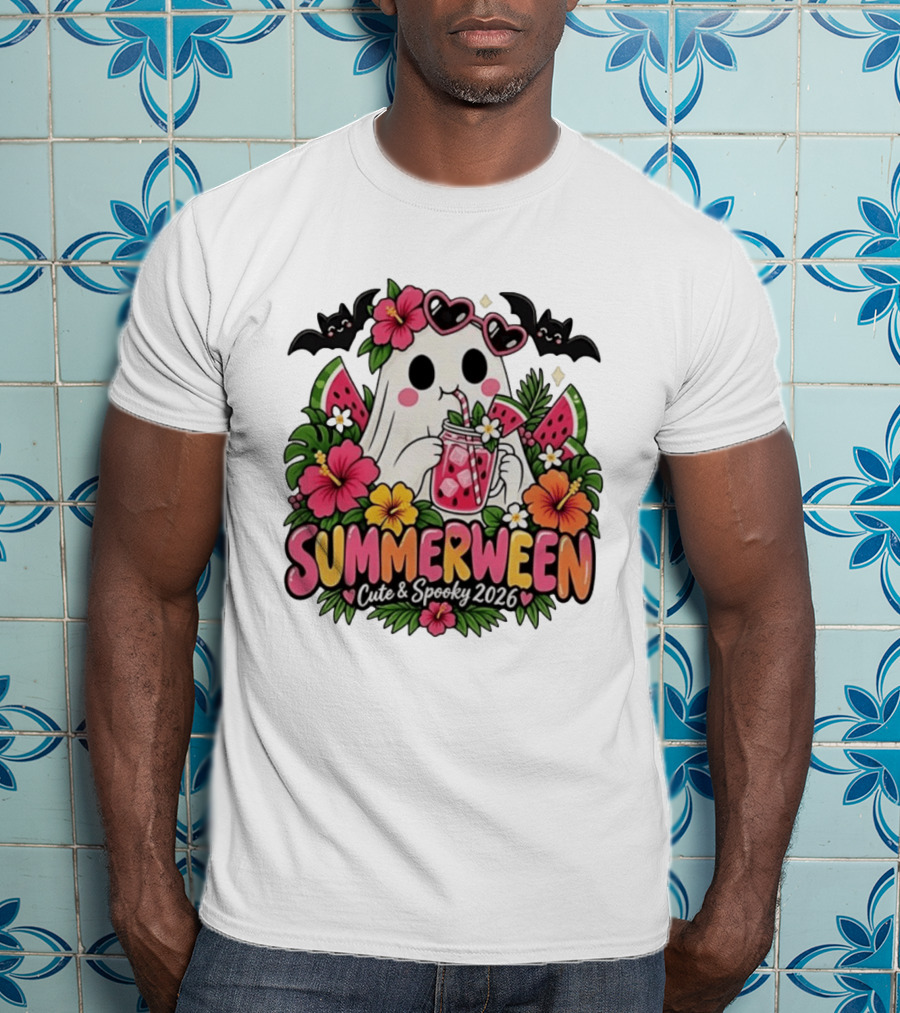 Summerween Cute And Spooky 2026 Ghost With Tropical Flowers And Bats T-Shirt