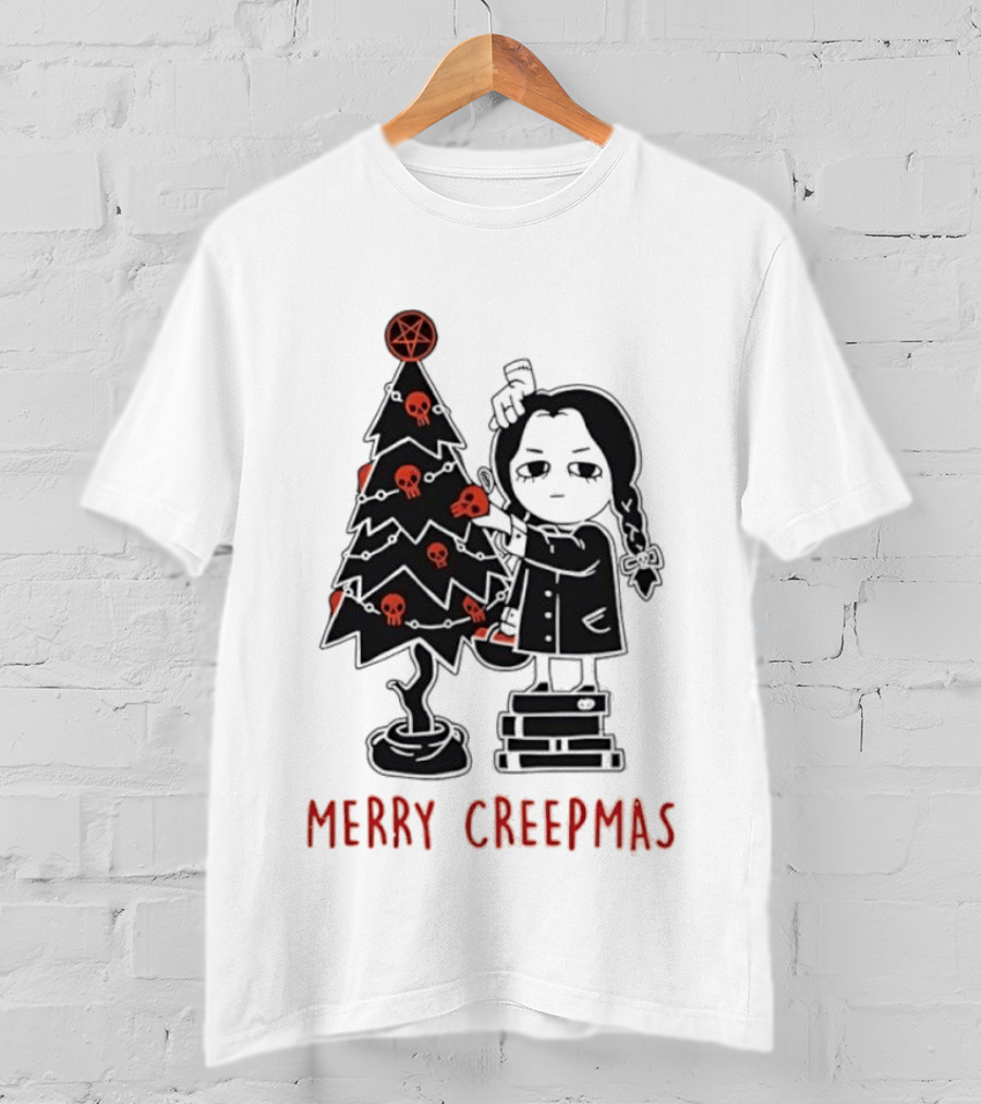 Wednesday Addams Merry Creepmas Goth Christmas Skulls Tree T-Shirt