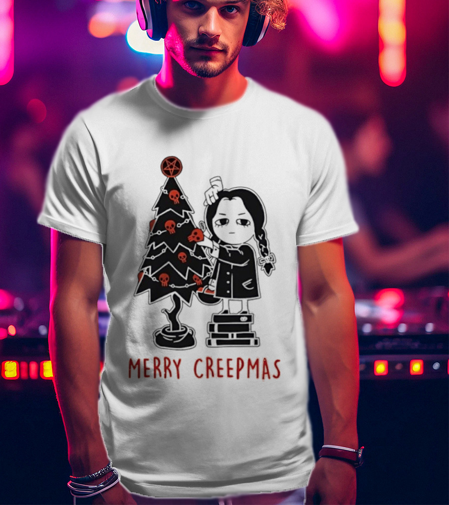 Wednesday Addams Merry Creepmas Goth Christmas Skulls Tree T-Shirt