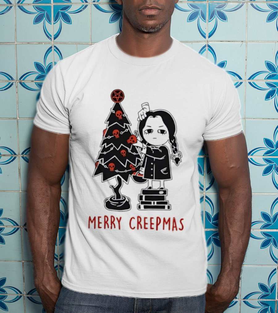 Wednesday Addams Merry Creepmas Goth Christmas Skulls Tree T-Shirt