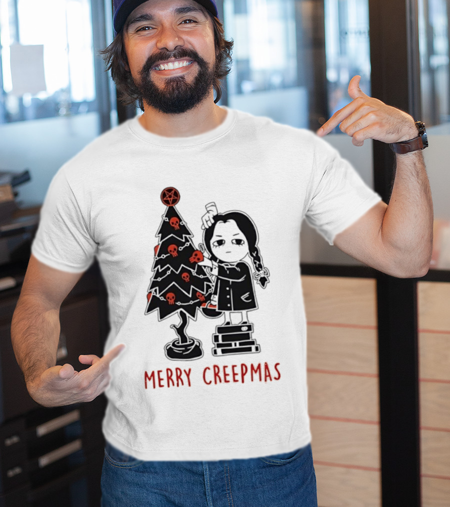 Wednesday Addams Merry Creepmas Goth Christmas Skulls Tree T-Shirt