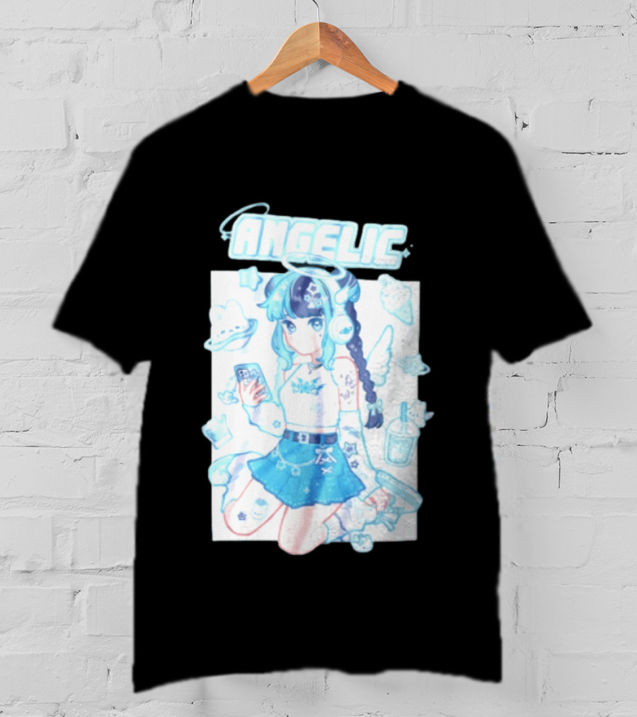 Angelic Anime Girl Halo Wings Headphones Cute Aesthetic Kawaii T-Shirt