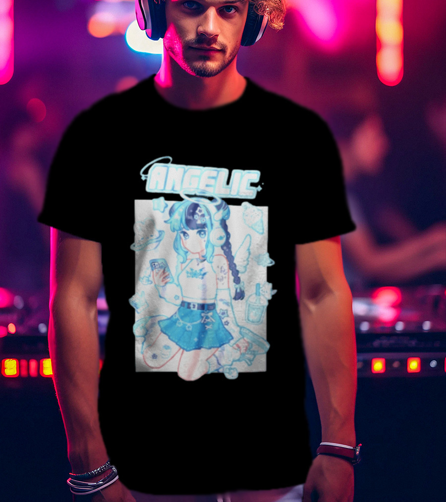 Angelic Anime Girl Halo Wings Headphones Cute Aesthetic Kawaii T-Shirt