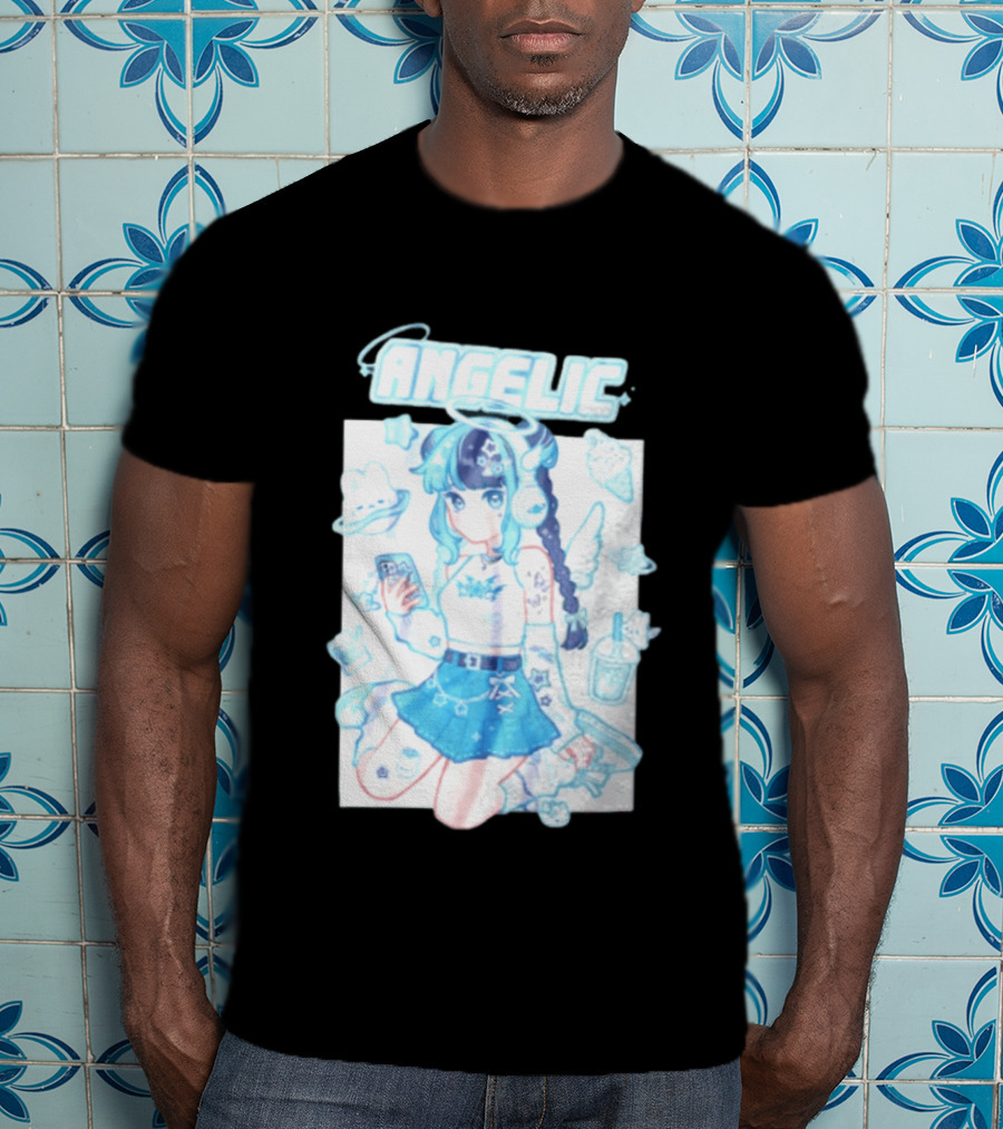 Angelic Anime Girl Halo Wings Headphones Cute Aesthetic Kawaii T-Shirt