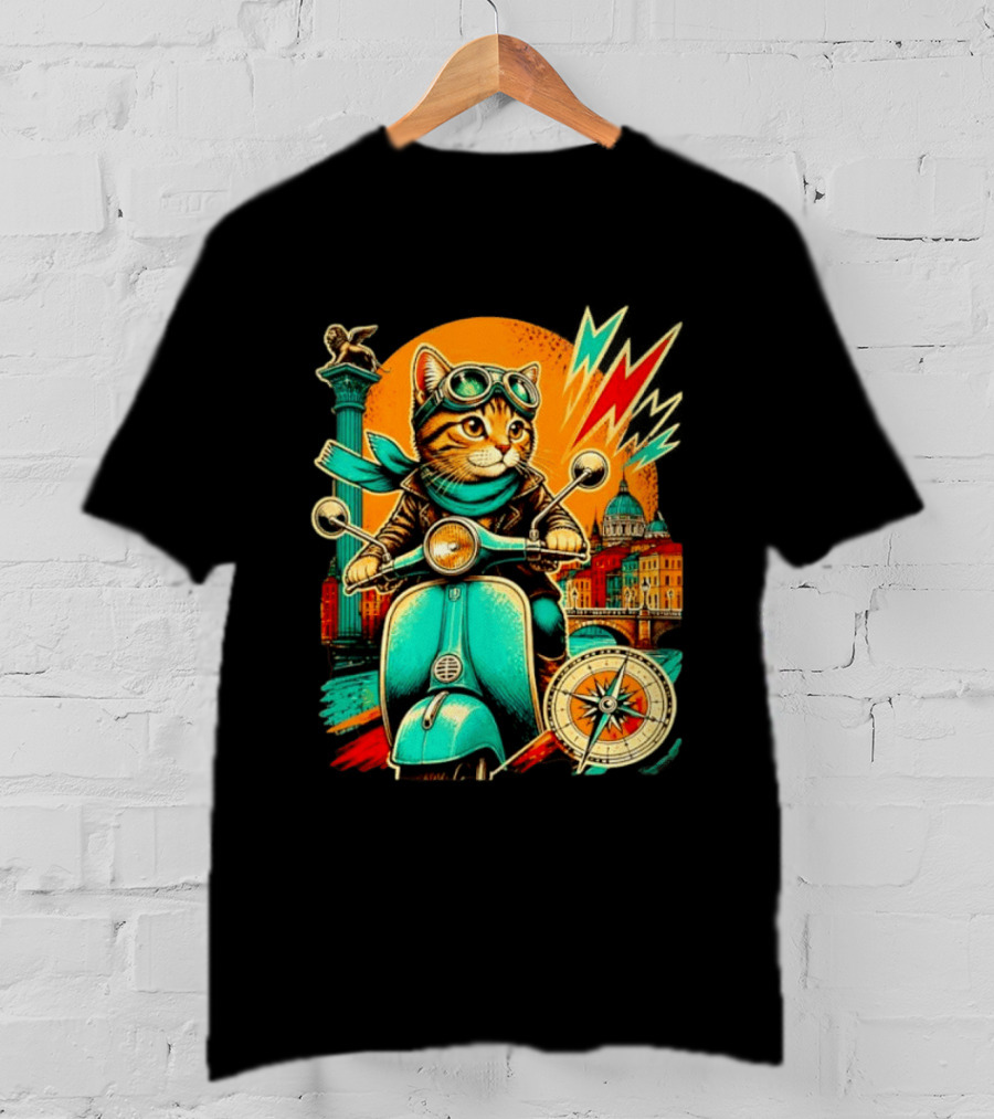 Cat On Scooter Adventure In Venice With Vibrant Cityscape And Compass T-Shirt