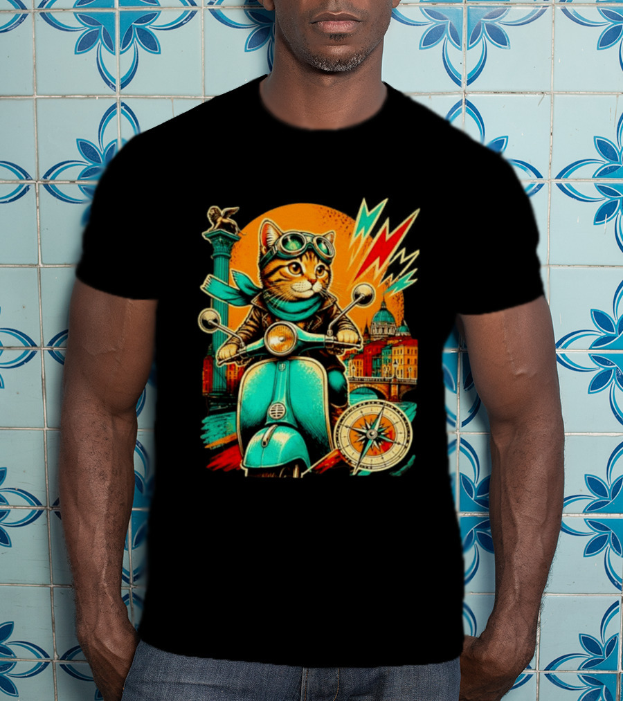 Cat On Scooter Adventure In Venice With Vibrant Cityscape And Compass T-Shirt