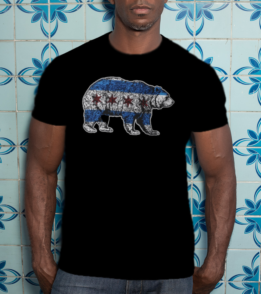 Chicago Bears Grizzly Bear Chicago Flag Stars Blue Stripes T-Shirt