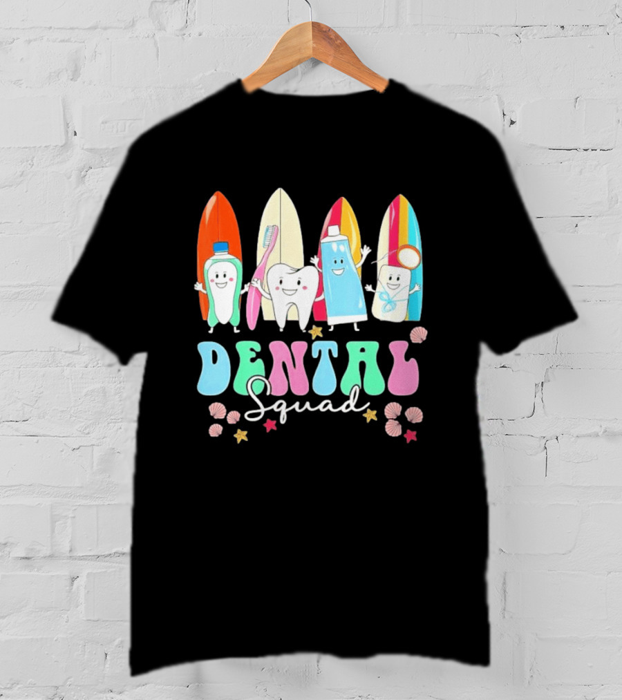 Dental Squad Toothpaste Toothbrush Floss Surfboards Fun Playful T-Shirt