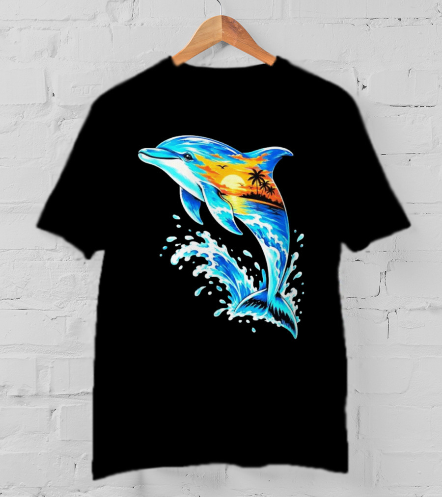 Tropical Sunset Dolphin Ocean Wave Marine Life Scene T-Shirt