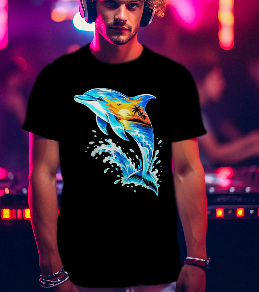 Tropical Sunset Dolphin Ocean Wave Marine Life Scene T-Shirt