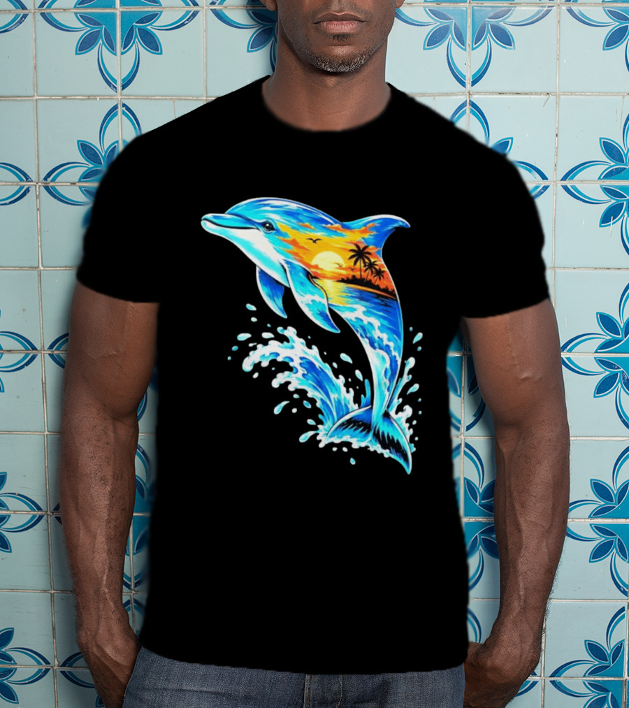 Tropical Sunset Dolphin Ocean Wave Marine Life Scene T-Shirt