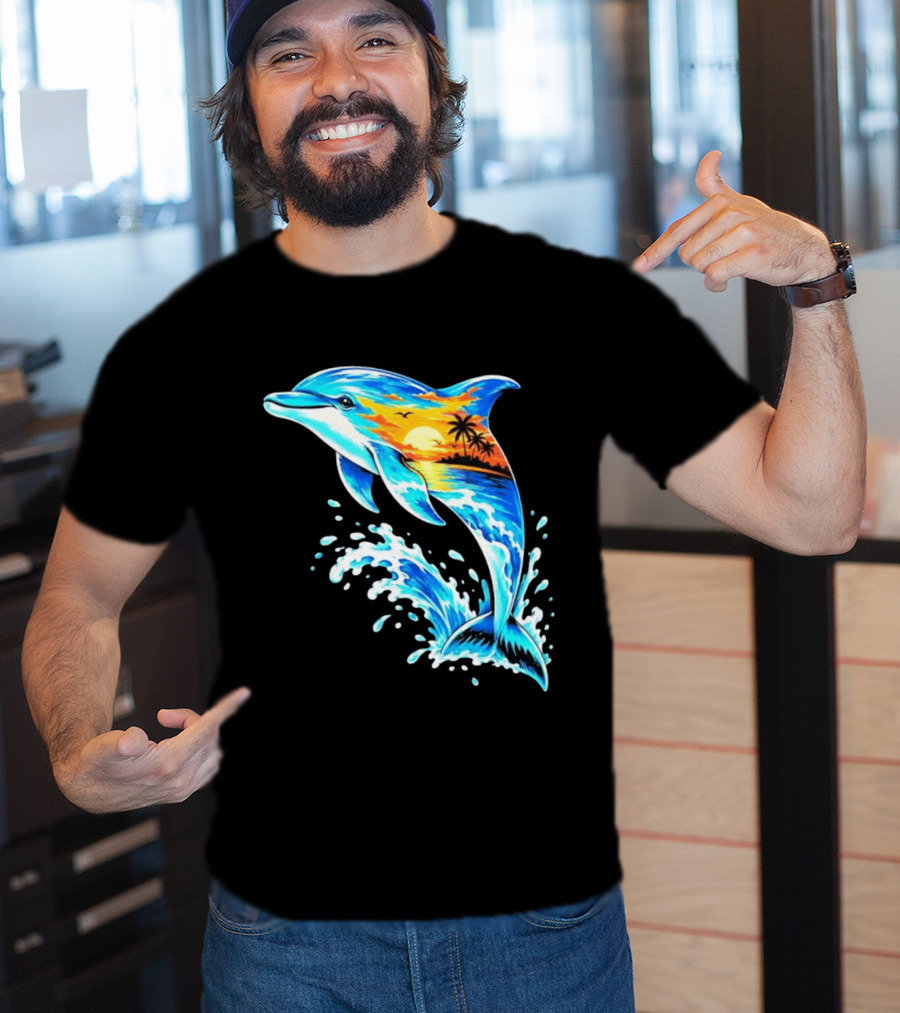 Tropical Sunset Dolphin Ocean Wave Marine Life Scene T-Shirt