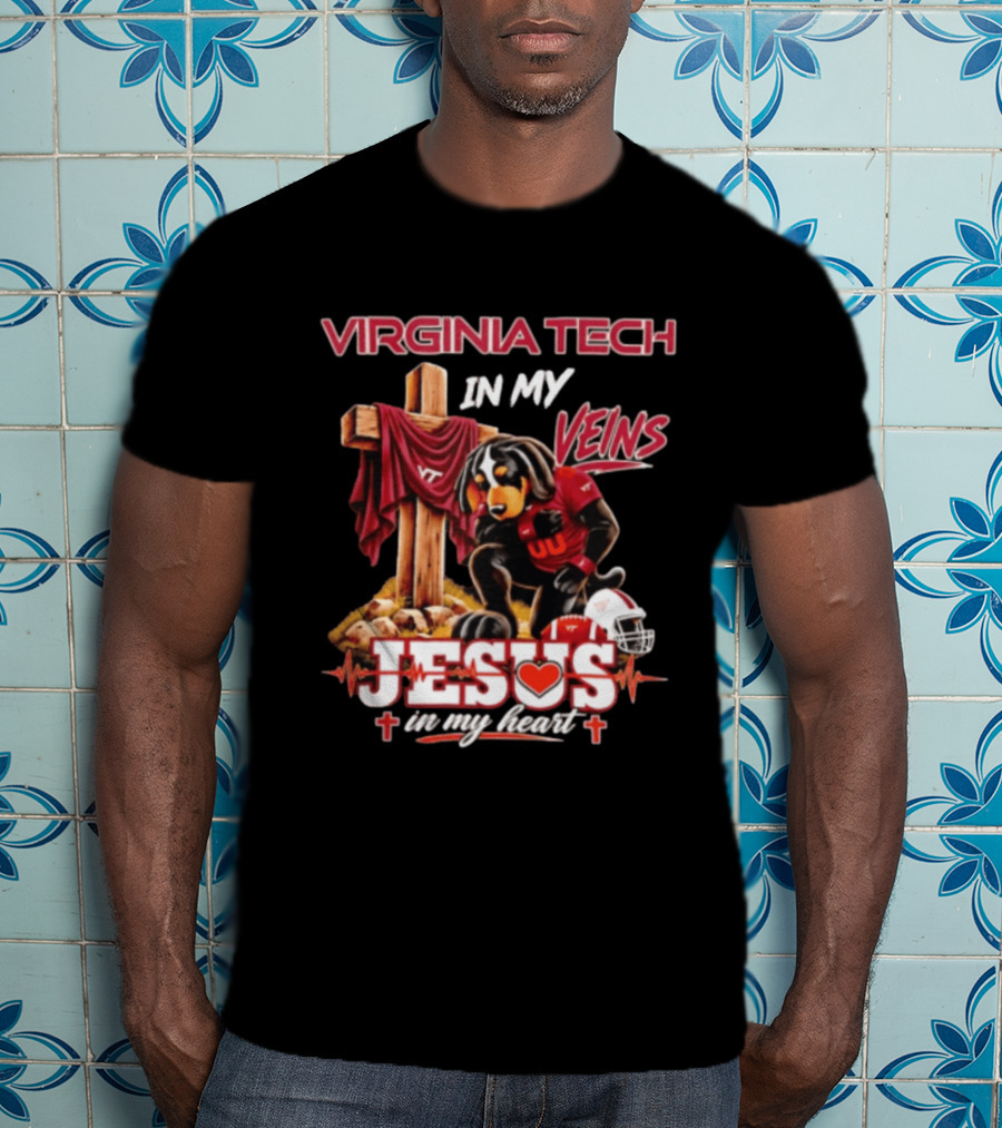 Virginia Tech Hokies Dog In My Veins Jesus In My Heart Football Faith T-Shirt