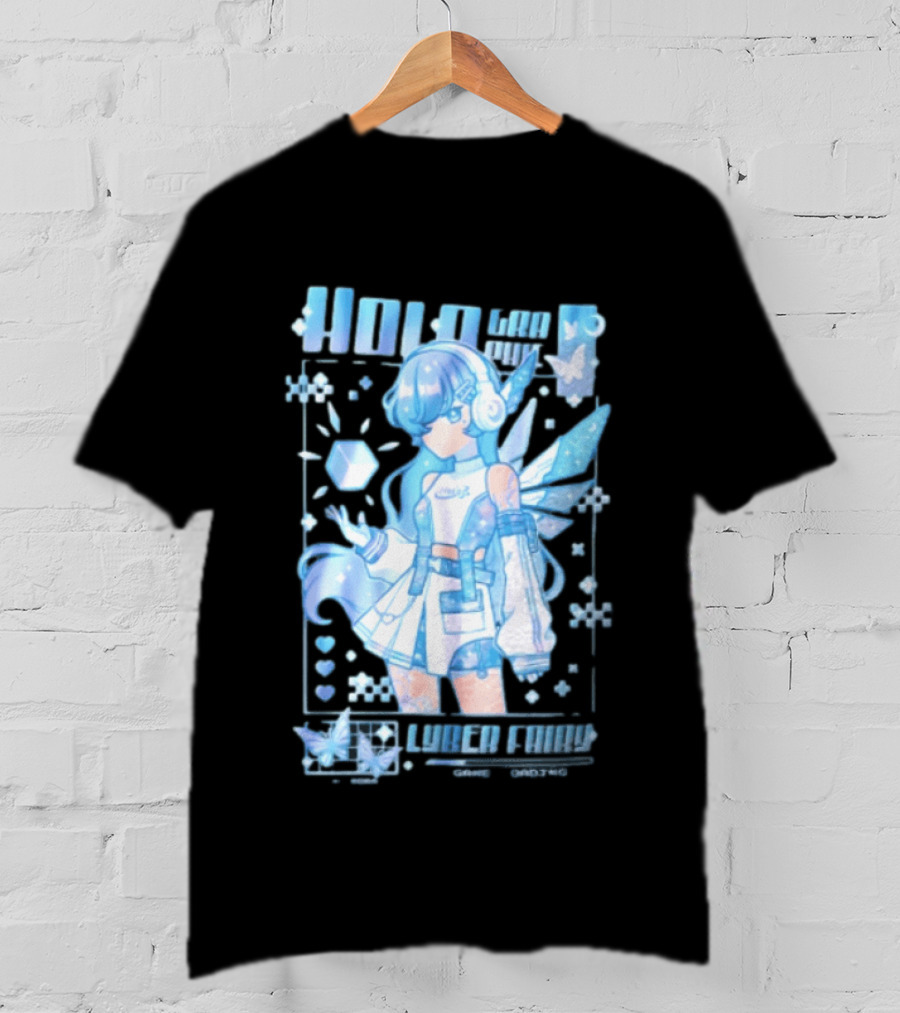 Holographic Cyber Fairy Game Loading Anime Girl Headphones Wings Butterflies Cube T-Shirt