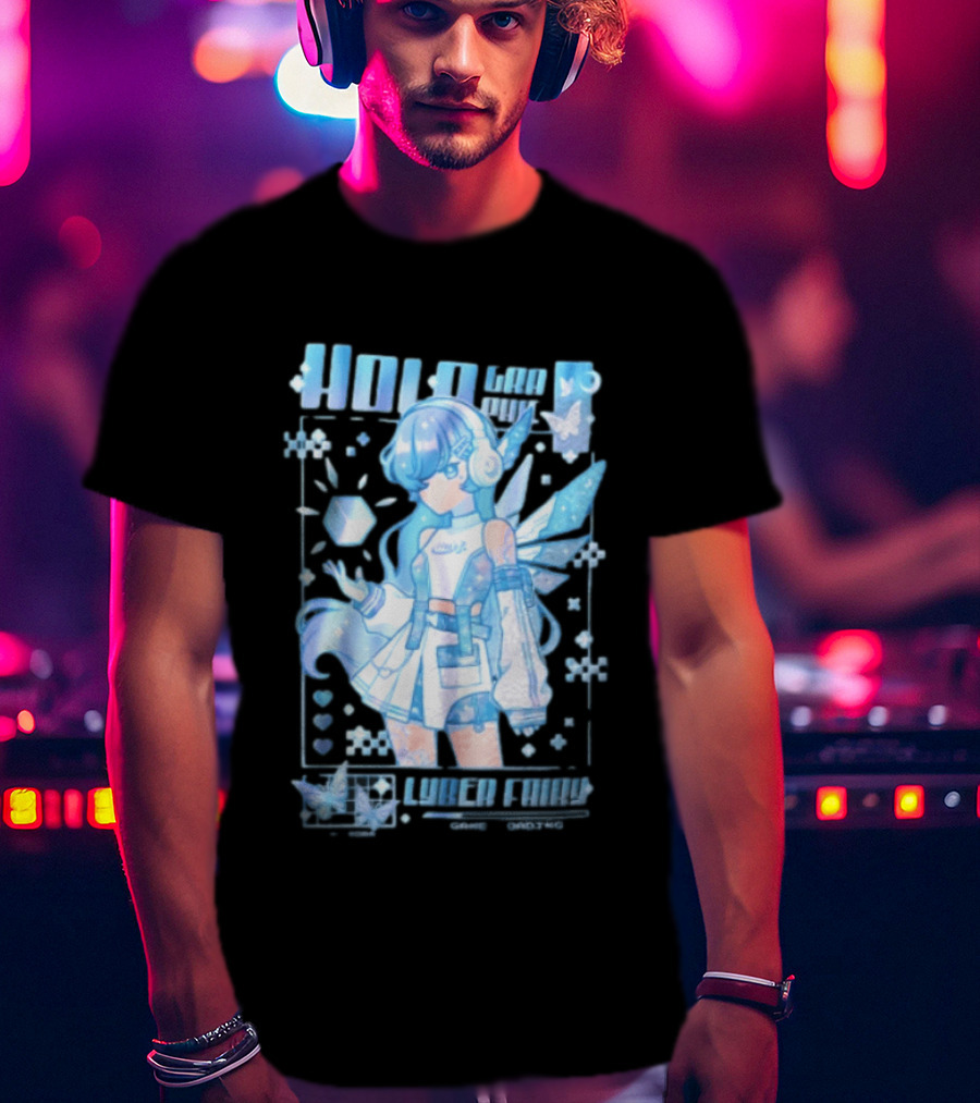 Holographic Cyber Fairy Game Loading Anime Girl Headphones Wings Butterflies Cube T-Shirt