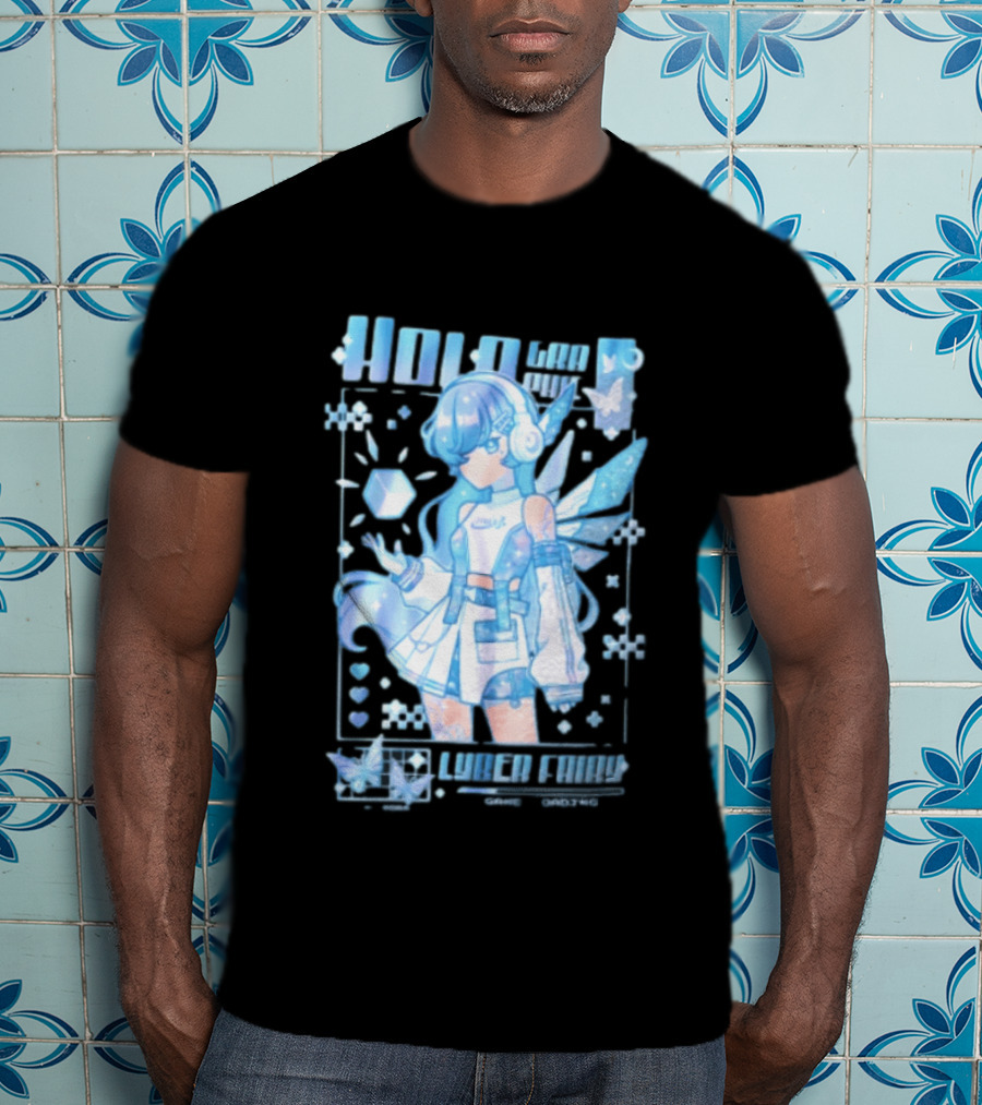 Holographic Cyber Fairy Game Loading Anime Girl Headphones Wings Butterflies Cube T-Shirt