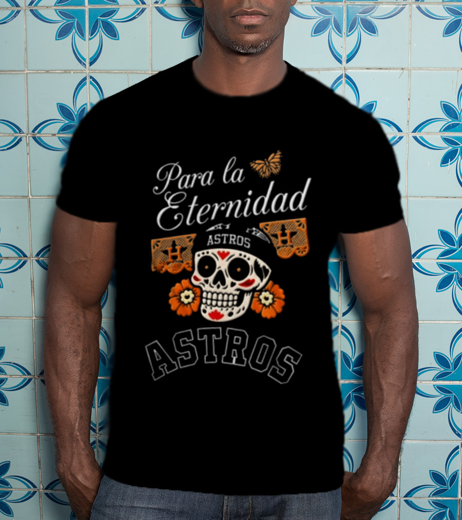 Para La Eternidad Astros Sugar Skull Bandana Flowers Butterfly T-Shirt