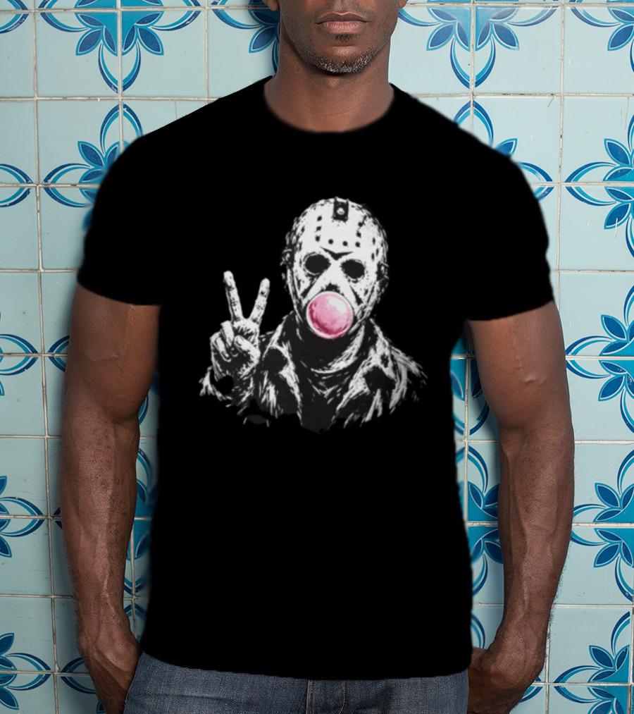 Jason Voorhees Hockey Mask Peace Sign Bubble Gum T-Shirt