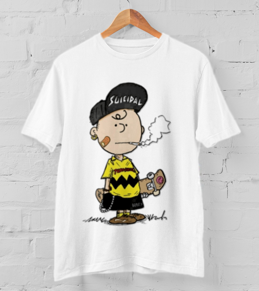 Charlie Brown Cartoon Boy Smoking Skateboard Punk Scumbag Thrasher T-Shirt