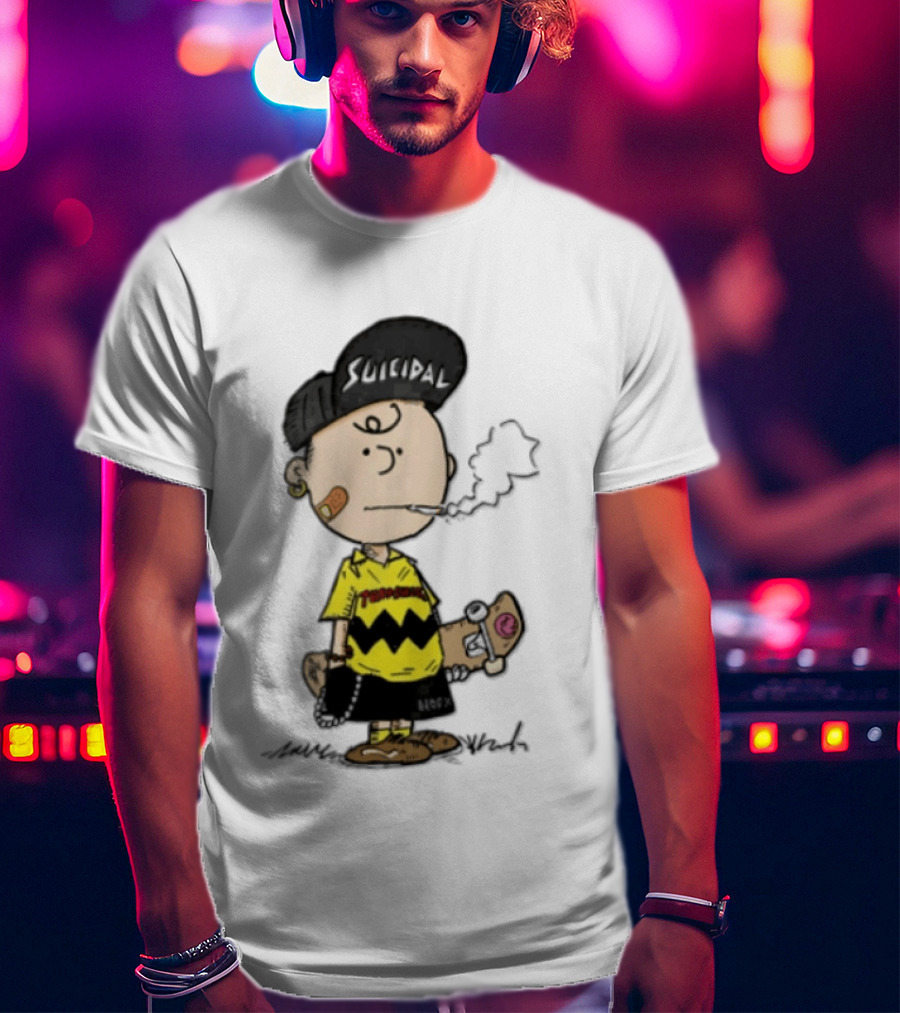 Charlie Brown Cartoon Boy Smoking Skateboard Punk Scumbag Thrasher T-Shirt