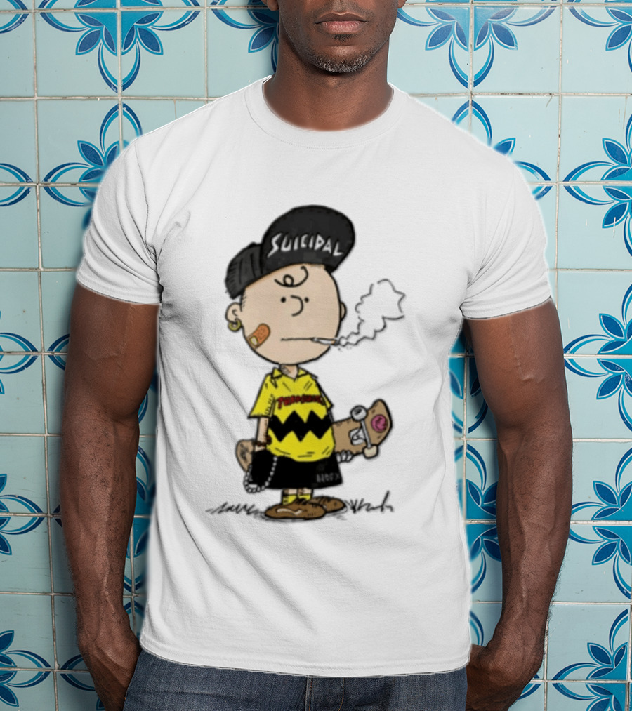 Charlie Brown Cartoon Boy Smoking Skateboard Punk Scumbag Thrasher T-Shirt