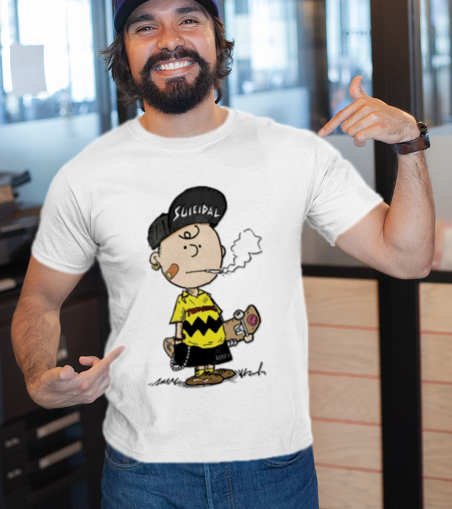 Charlie Brown Cartoon Boy Smoking Skateboard Punk Scumbag Thrasher T-Shirt
