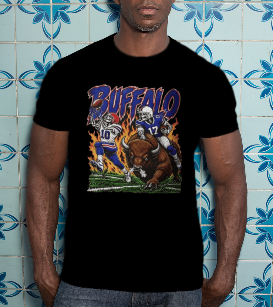 Buffalo Bills 17 Skeleton Players Football Charging Bison T-Shirt