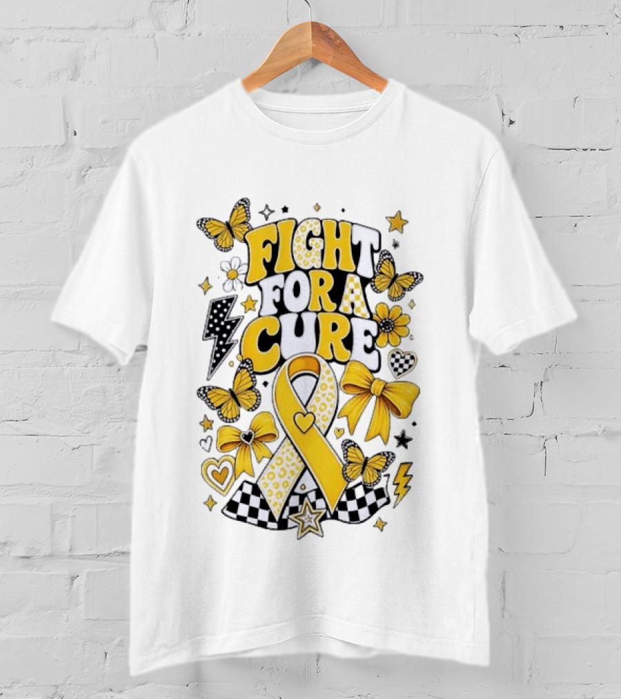 Fight For A Cure Yellow Ribbon Awareness Butterfly And Bow T-Shirt