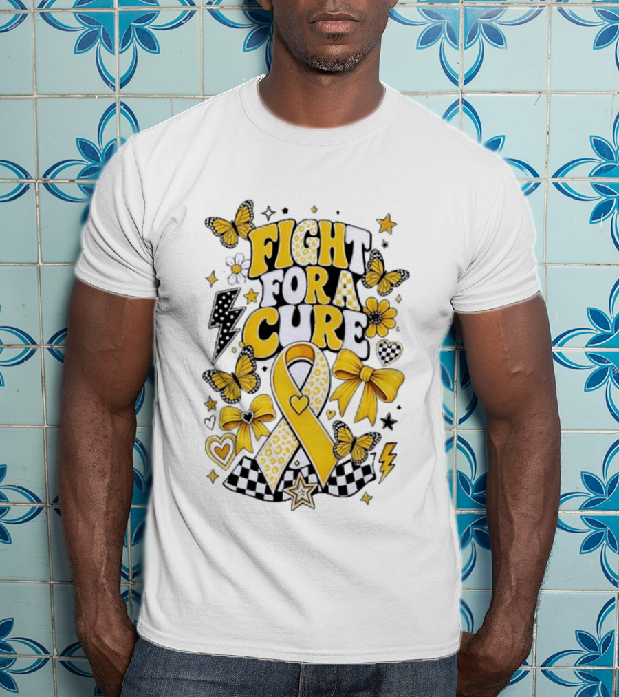 Fight For A Cure Yellow Ribbon Awareness Butterfly And Bow T-Shirt