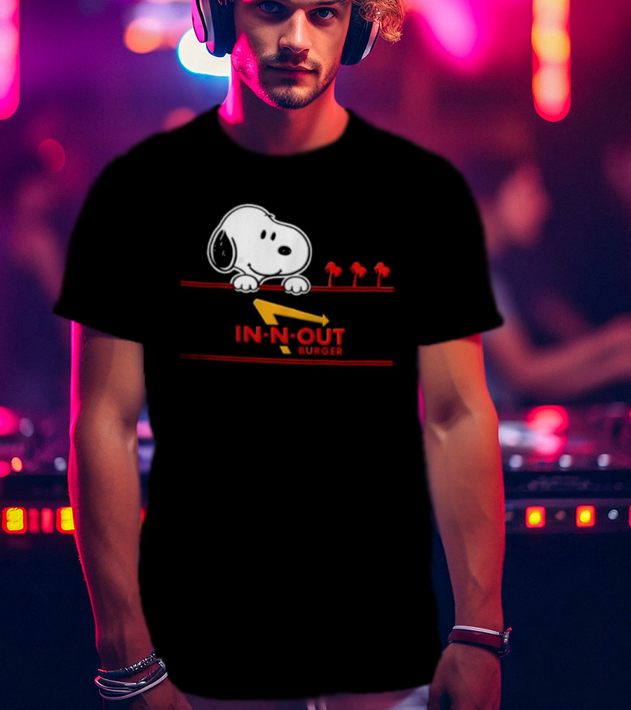 Snoopy Peeking Over In N Out Burger Red Lines With Palm Trees T-Shirt
