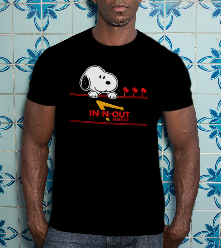 Snoopy Peeking Over In N Out Burger Red Lines With Palm Trees T-Shirt