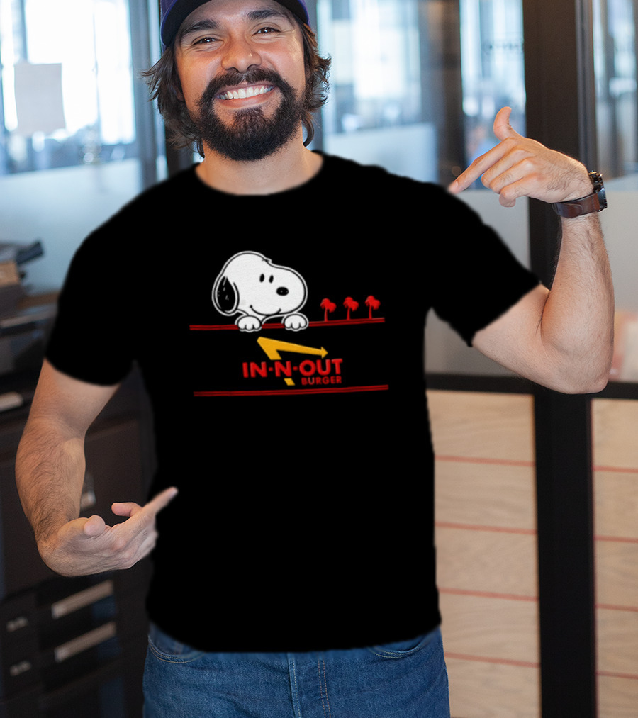 Snoopy Peeking Over In N Out Burger Red Lines With Palm Trees T-Shirt