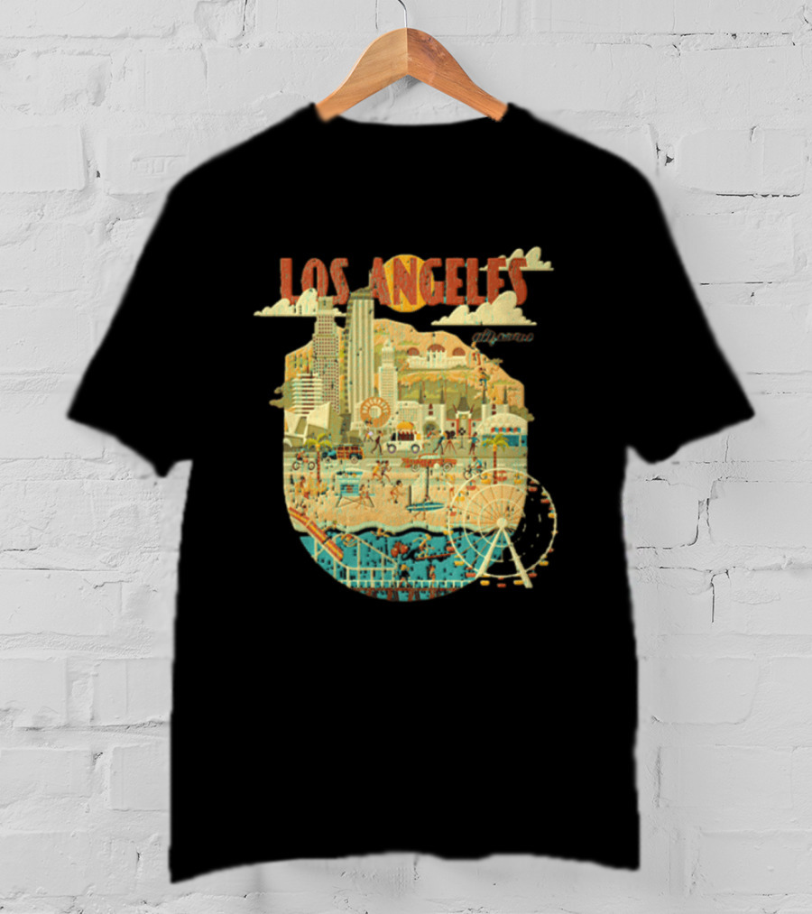 Los Angeles California Skyline Ferris Wheel And Beach Scene T-Shirt
