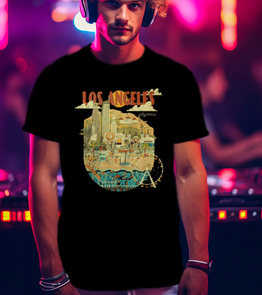 Los Angeles California Skyline Ferris Wheel And Beach Scene T-Shirt