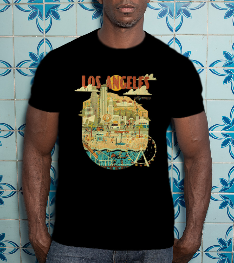 Los Angeles California Skyline Ferris Wheel And Beach Scene T-Shirt