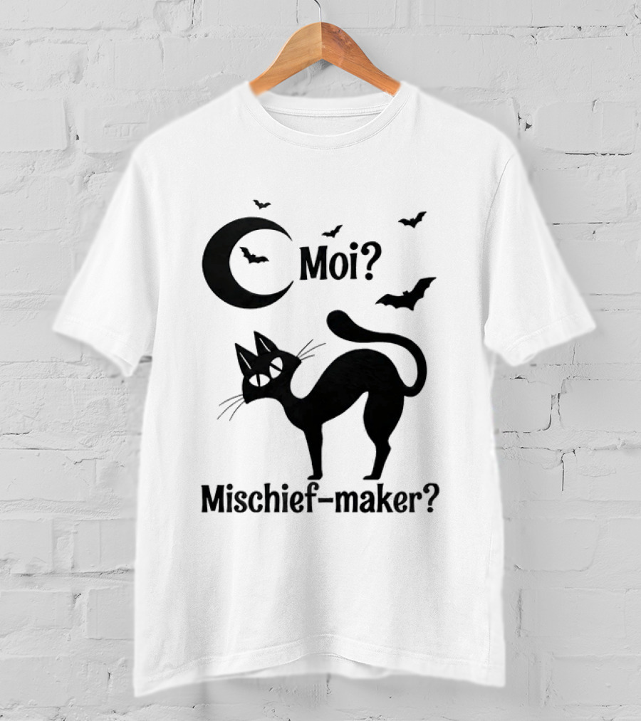 Moi Mischief Maker Black Cat Halloween Moon Bats T-Shirt
