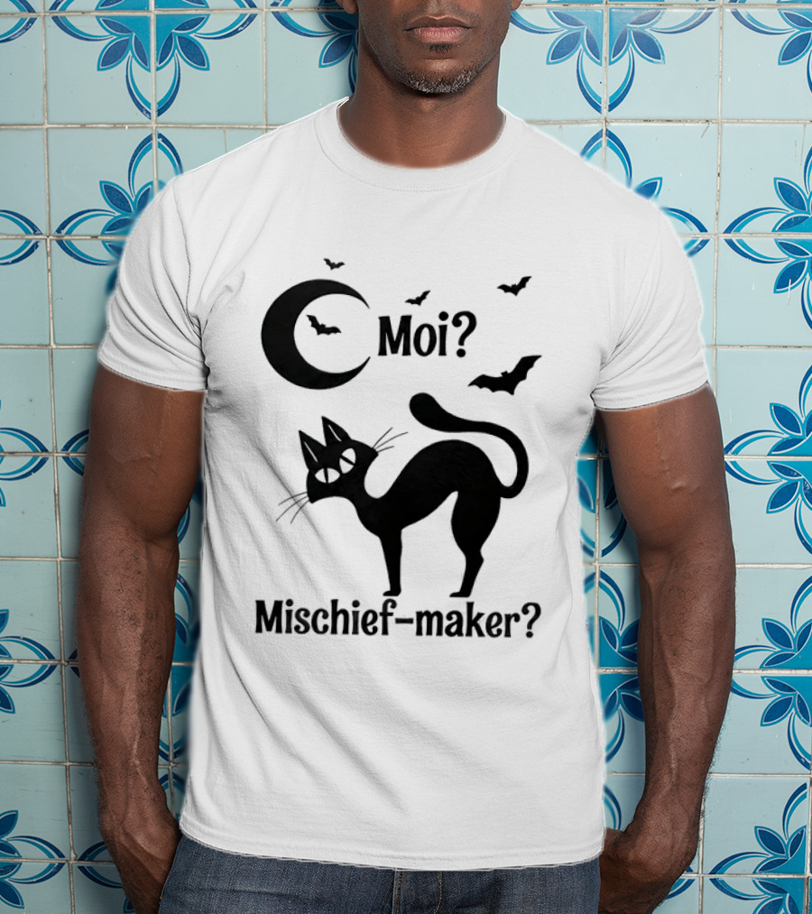 Moi Mischief Maker Black Cat Halloween Moon Bats T-Shirt