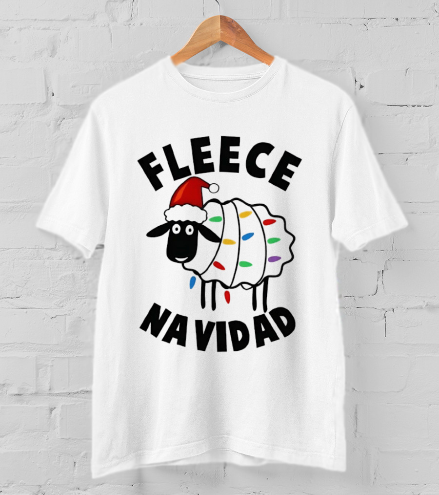 Fleece Navidad Christmas Sheep In Santa Hat With Holiday Lights Pun T-Shirt