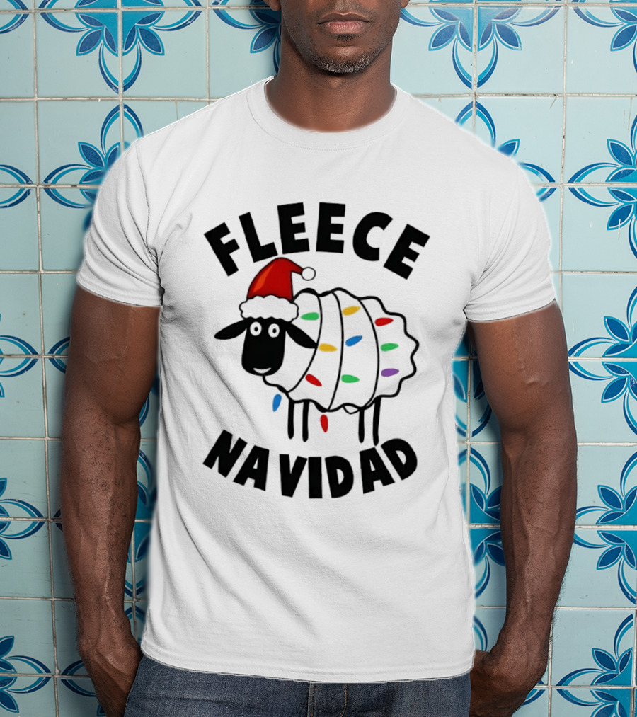 Fleece Navidad Christmas Sheep In Santa Hat With Holiday Lights Pun T-Shirt