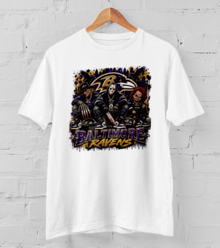 Freddy Krueger Jason Voorhees Chucky Baltimore Ravens Halloween Horror T-Shirt