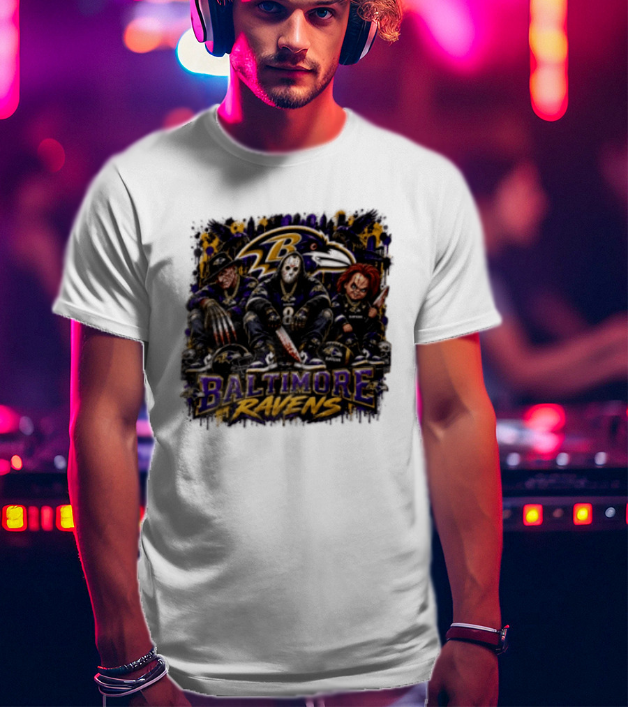 Freddy Krueger Jason Voorhees Chucky Baltimore Ravens Halloween Horror T-Shirt