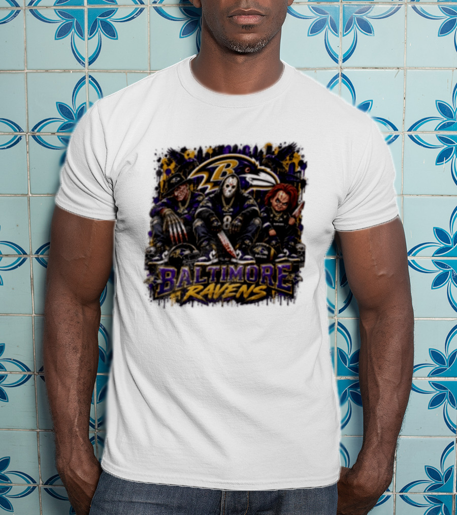 Freddy Krueger Jason Voorhees Chucky Baltimore Ravens Halloween Horror T-Shirt