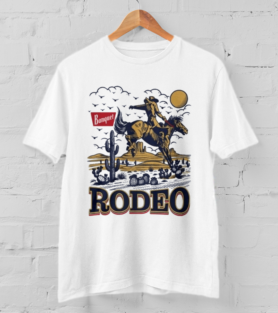 Western Rodeo Cowboy Desert Scene With Cactus And Mountains T-Shirt