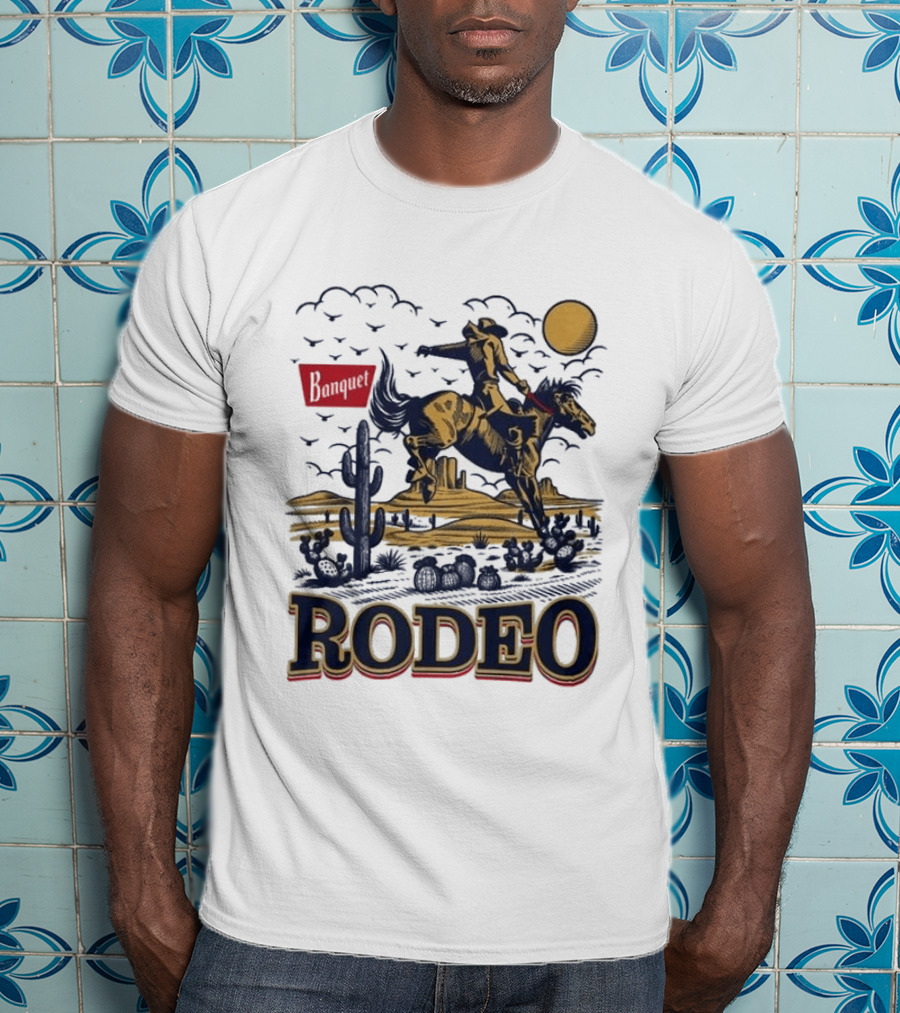 Western Rodeo Cowboy Desert Scene With Cactus And Mountains T-Shirt