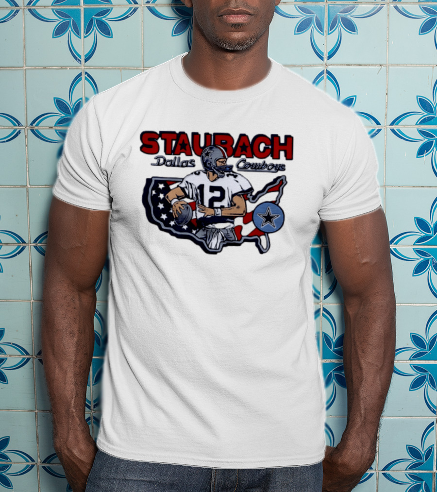 Staubach Dallas Cowboys 12 USA Star Football Legend T-Shirt