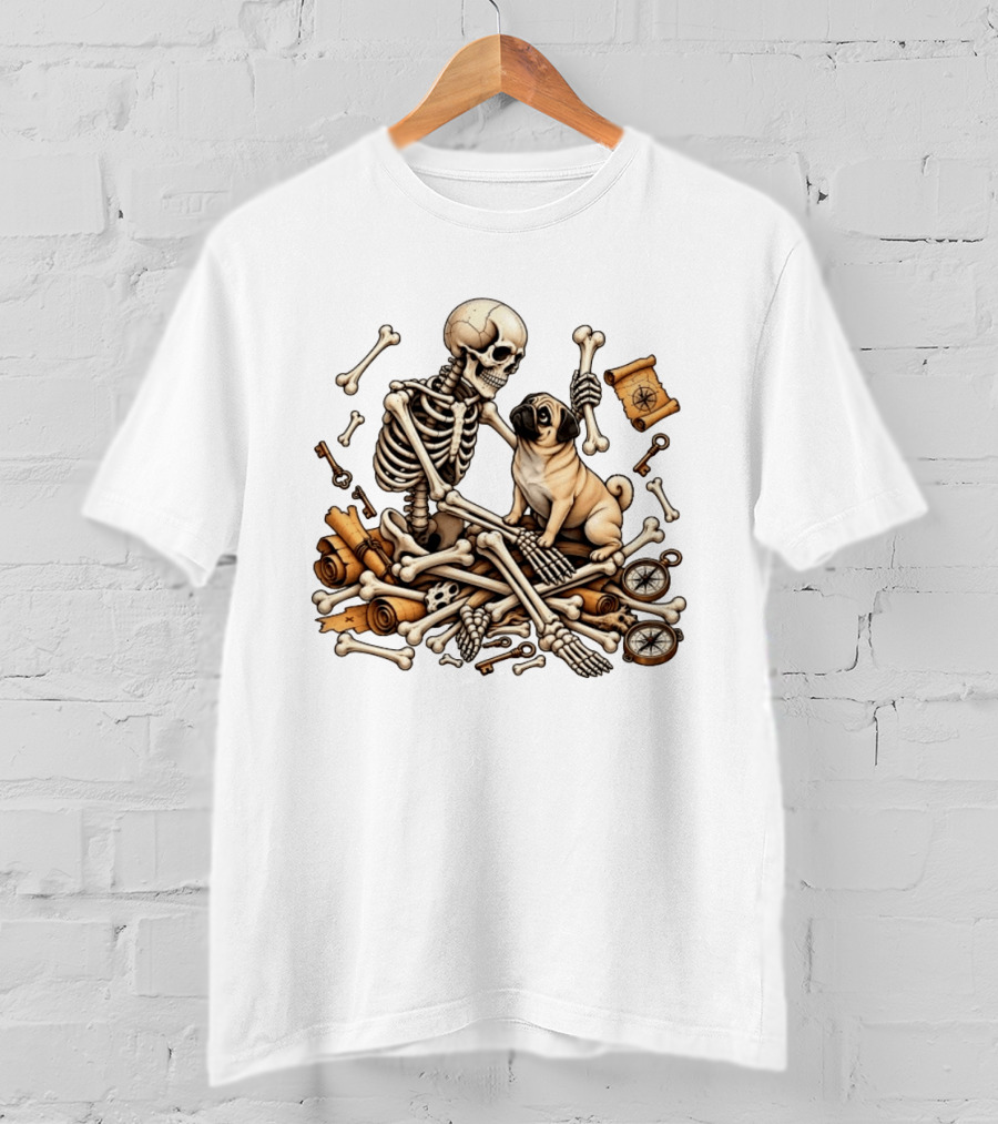 Skeleton Holding Bone With Pug Surrounded By Compass Keys And Treasure Maps T-Shirt
