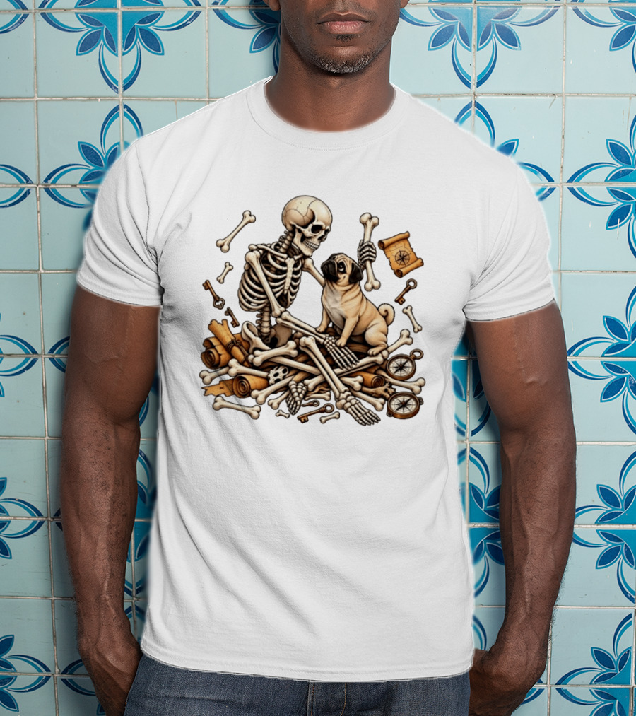 Skeleton Holding Bone With Pug Surrounded By Compass Keys And Treasure Maps T-Shirt